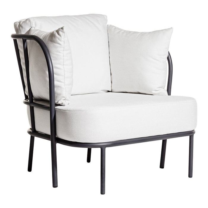 Stylish white armchair with soft cushions and sleek black metal frame, perfect for modern decor.