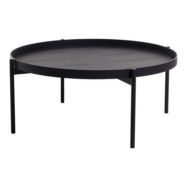 Black circular coffee table with a smooth, matte finish and clean, minimalist design. Ideal for modern decor.