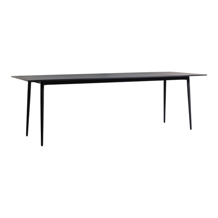 Sleek black rectangular dining table with clean lines and slender legs, perfect for modern interiors.