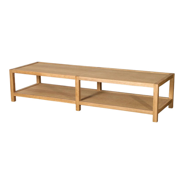 Light blonde wooden coffee table with a minimalist design and two open shelves, showcasing a natural finish.