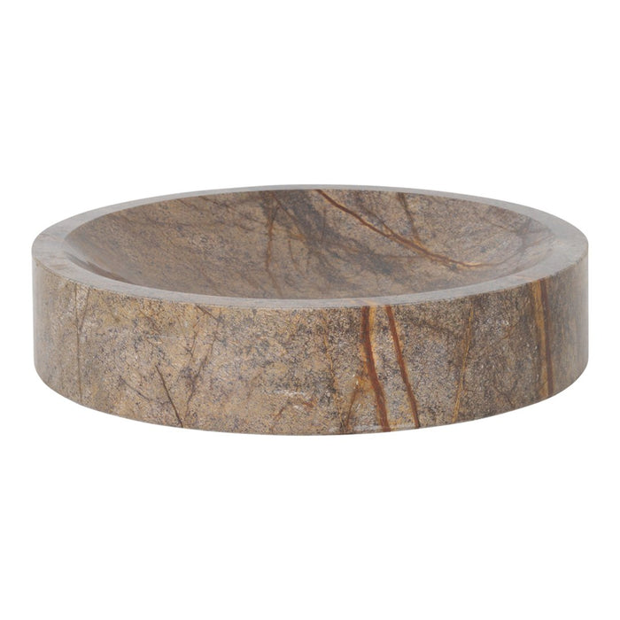 Round stone bowl featuring earthy tones of brown with intricate gray and rust-colored marbling patterns.