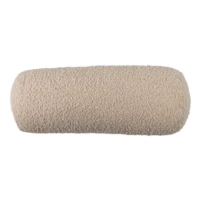 Textured beige bolster pillow with a soft, fuzzy pattern, ideal for home decor and comfort.
