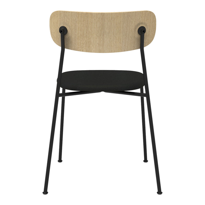 Black metal frame chair with a natural wood backrest and smooth black seat, featuring minimalist design.