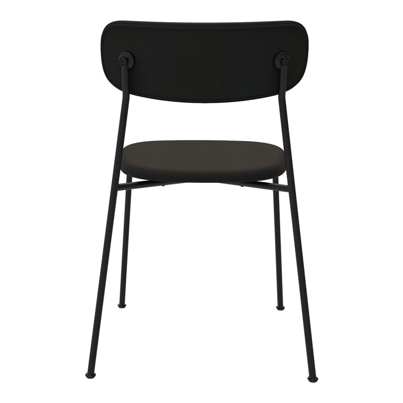 Black chair with a sleek, minimalist design, featuring a solid black seat and backrest on thin black metal legs.