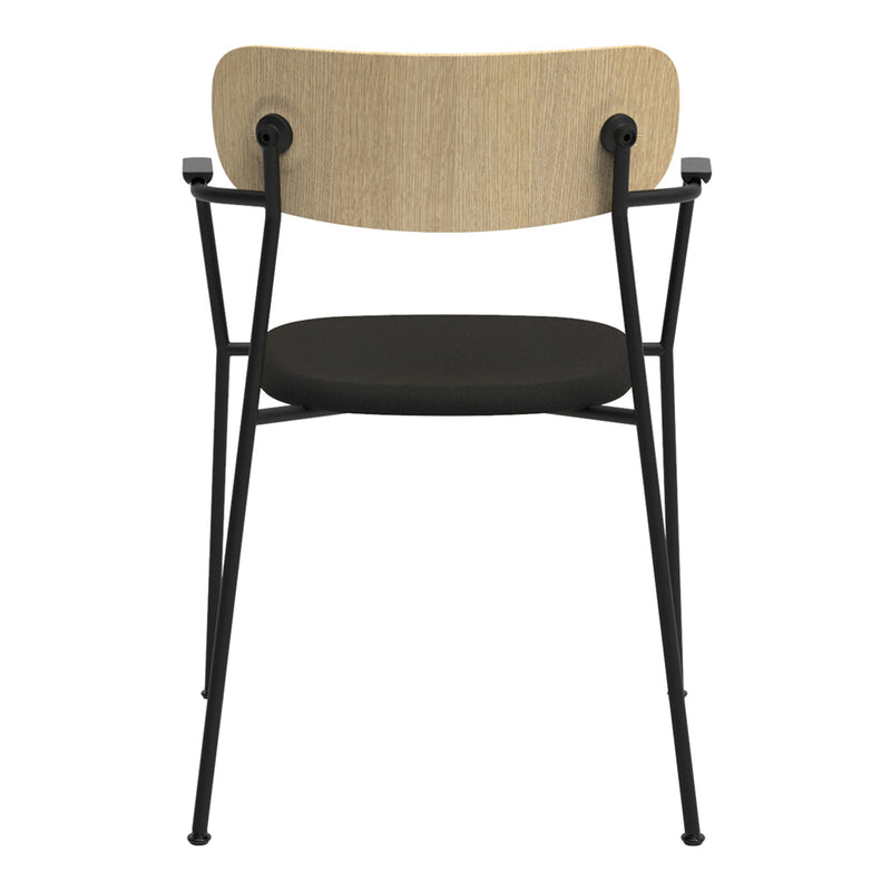 Back view of modern chair featuring a natural wood back, black seat, and black metal legs for a sleek design.