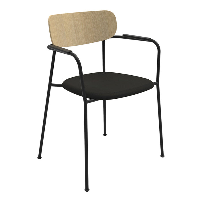 Black chair with a wooden backrest, featuring sleek metal arms and a minimalist design. Perfect for modern decor.