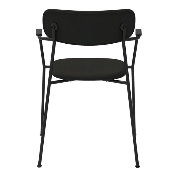 "Modern black chair with sleek metal frame and simple, minimalist design, perfect for contemporary decor."