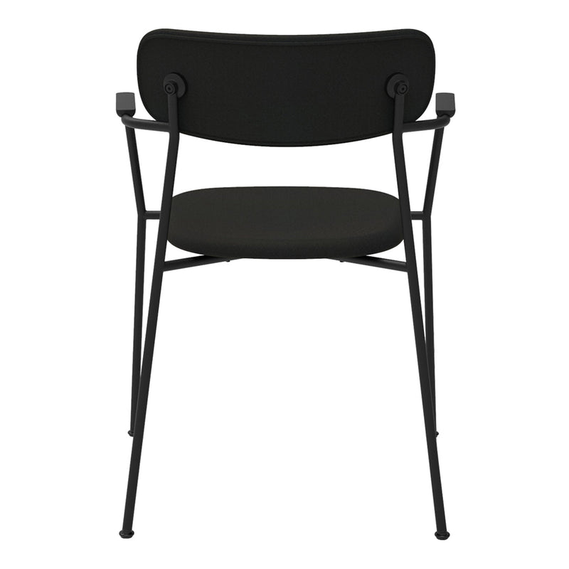 "Modern black chair with sleek metal frame and simple, minimalist design, perfect for contemporary decor."