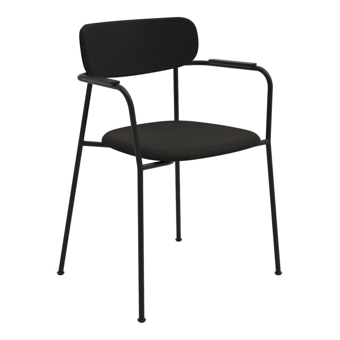 Black metal chair with a sleek design, featuring a solid black seat and backrest for a modern look.