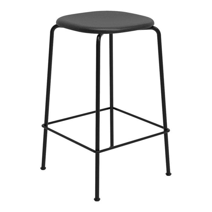 Black metal bar stool with a smooth black seat, featuring a minimalist design and simple geometric patterns.
