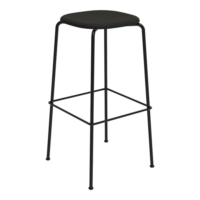 Black bar stool with a sleek, minimalist design and sturdy metal frame, featuring a smooth, round seat.
