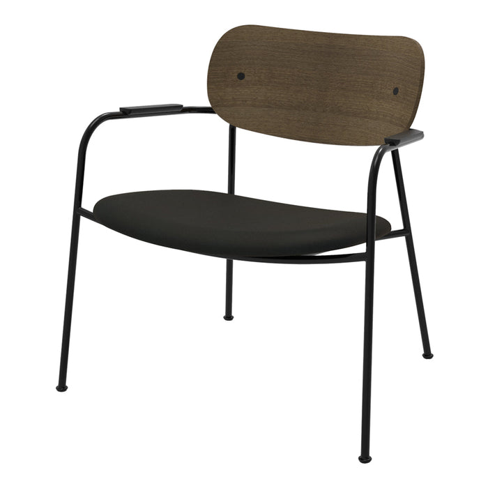 Stylish chair featuring a dark wood backrest, sleek black seat, and minimalist black metal frame. Perfect for modern decor.