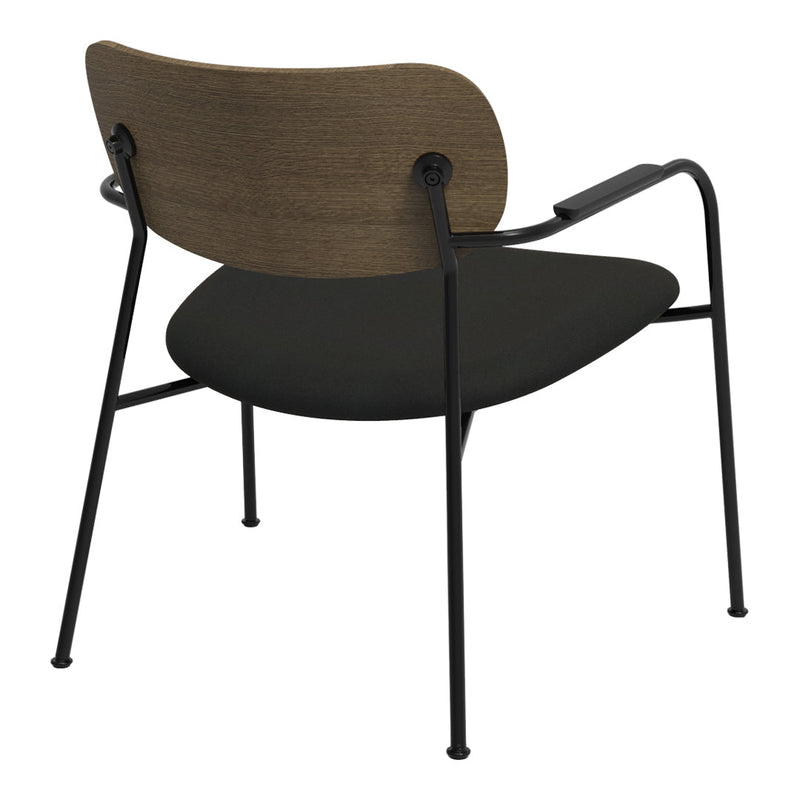 "Modern chair with a wooden back, black seat cushion, and sleek black metal legs, featuring a minimalist design."
