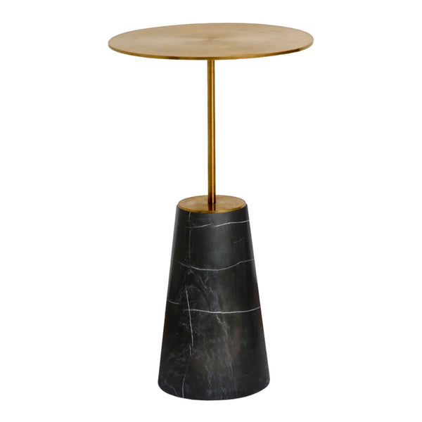 Gold round top with a black marble conical base; modern design with sleek, minimalistic patterns.