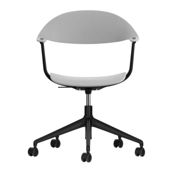 Gray ergonomic chair with a smooth finish and contrasting black wheels, perfect for modern office decor.