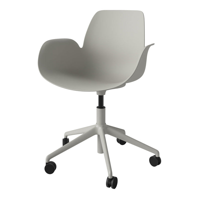 Light gray swivel chair with smooth, curved shape and minimalist design on a wheeled base.