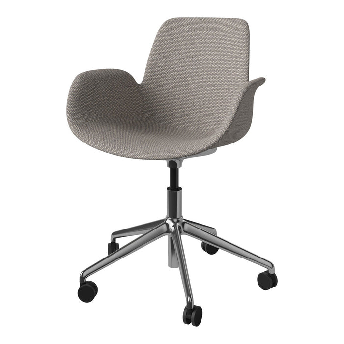 Light gray patterned fabric office chair with sleek chrome base and rolling wheels. Ideal for modern workspaces.