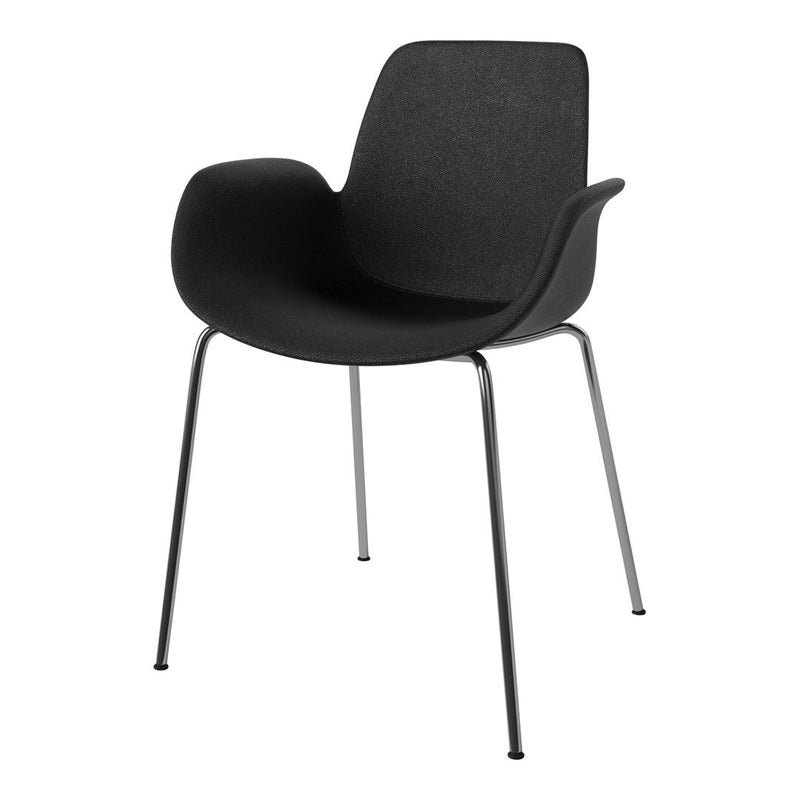 Black chair with smooth finish and curved design, complemented by sleek chrome legs for a modern look.