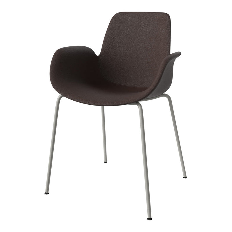 Stylish chair in dark brown upholstery with sleek silver legs, perfect for modern interiors.