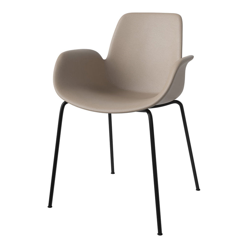Beige chair with smooth surface and sleek black metal legs, perfect for modern decor.