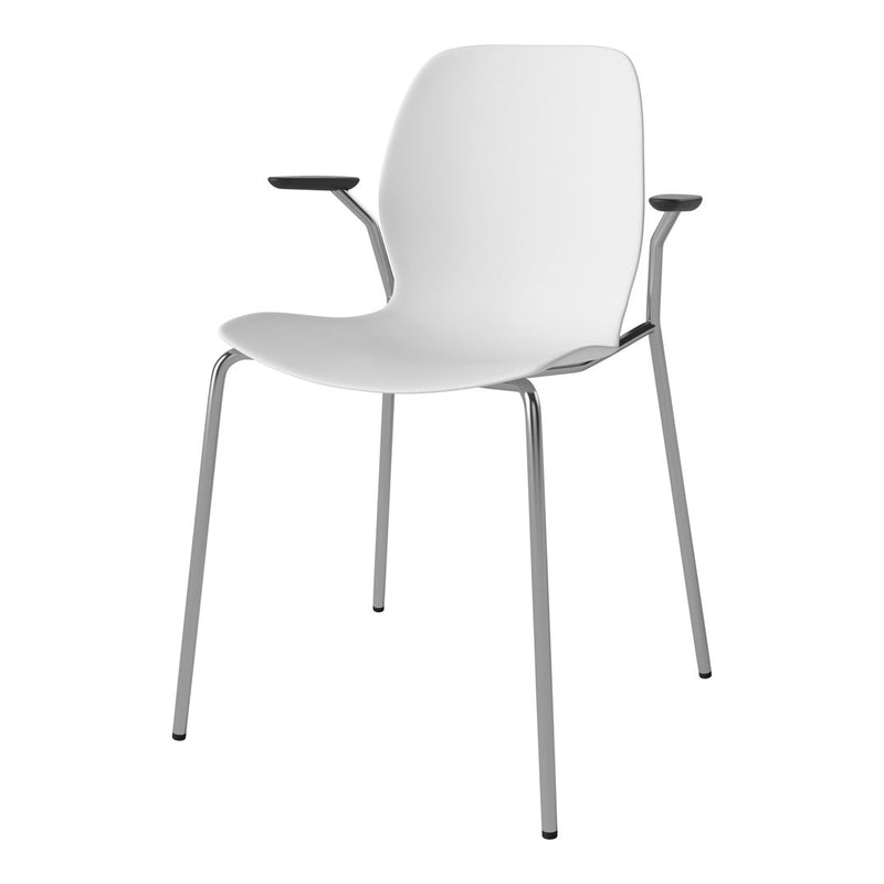 Modern white chair with smooth silhouette and sleek silver legs, featuring minimalistic design and no intricate patterns.