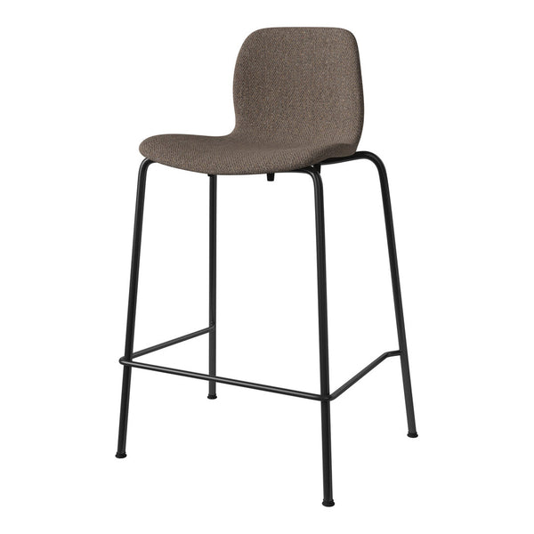 Brown fabric bar stool with a textured pattern and sleek black metal legs. Ideal for modern decor.