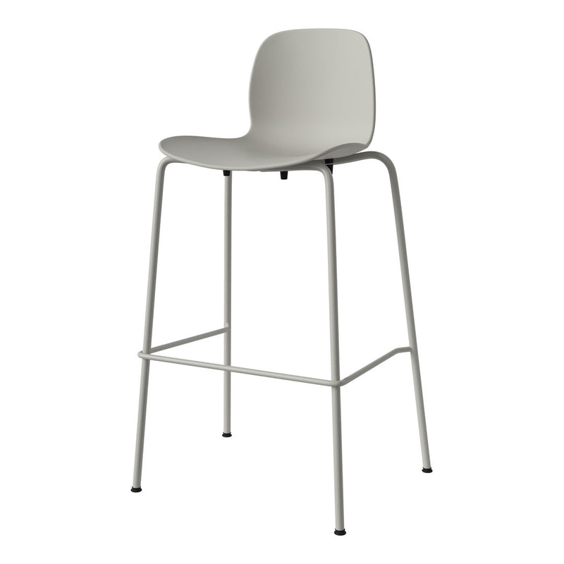Light gray barstool with a minimalistic design and smooth curves, featuring a sturdy metal frame in a matching hue.