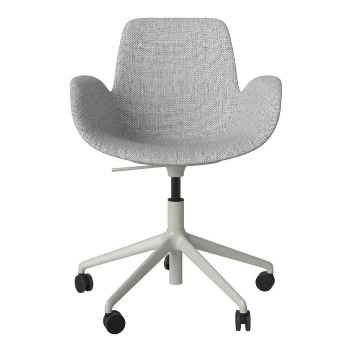 Light gray textured fabric office chair with a white base and black wheels, perfect for modern workspaces.