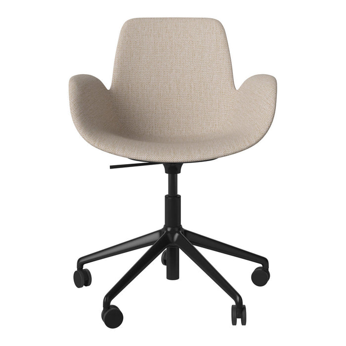 Beige upholstered office chair with a textured fabric and sleek black metal base. Perfect for modern workspaces.