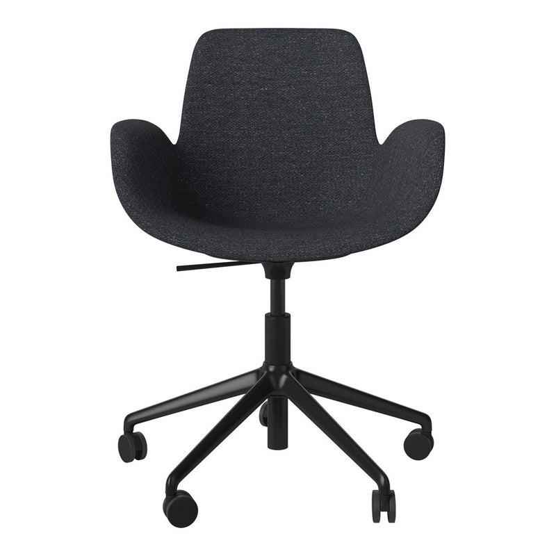 Dark gray upholstered chair with a textured pattern and a sleek black base. Modern design for stylish interiors.