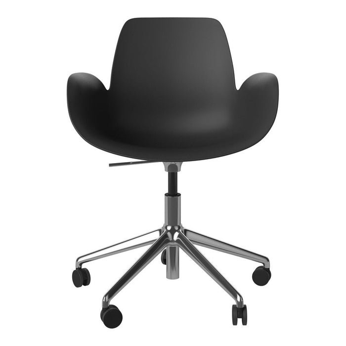 Black ergonomic office chair with a smooth matte finish and sleek silver base, featuring a modern minimalist design.