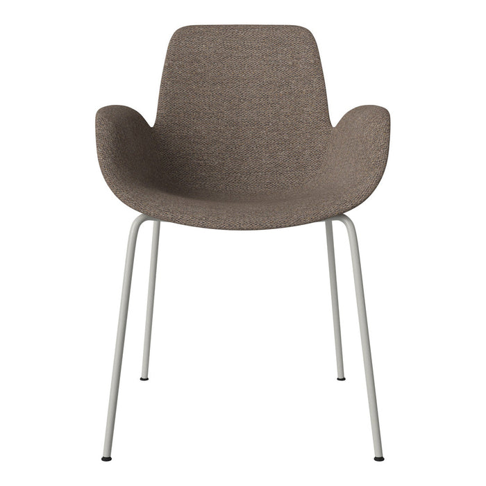 Brown textured fabric chair with soft curves and sleek white metal legs. Perfect for modern decor.