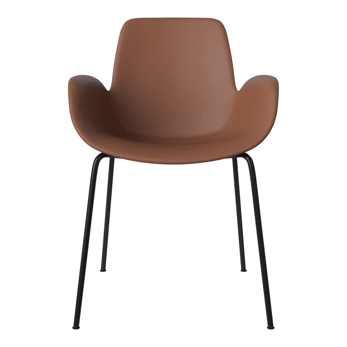 Brown armchair with a smooth finish and sleek black metal legs. Perfect blend of modern style and comfort.