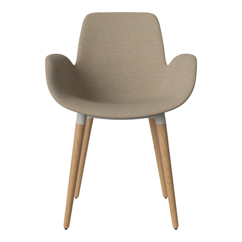 Beige fabric chair with smooth texture and natural wooden legs, perfect for modern decor.