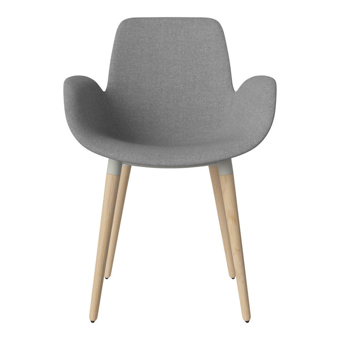 Gray upholstered chair with natural wood legs, featuring a sleek modern design and smooth texture.