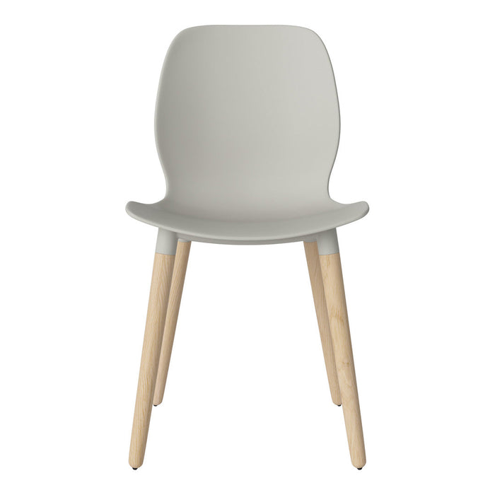 Light gray plastic chair with natural wood legs, featuring a smooth, minimalistic design ideal for modern decor.