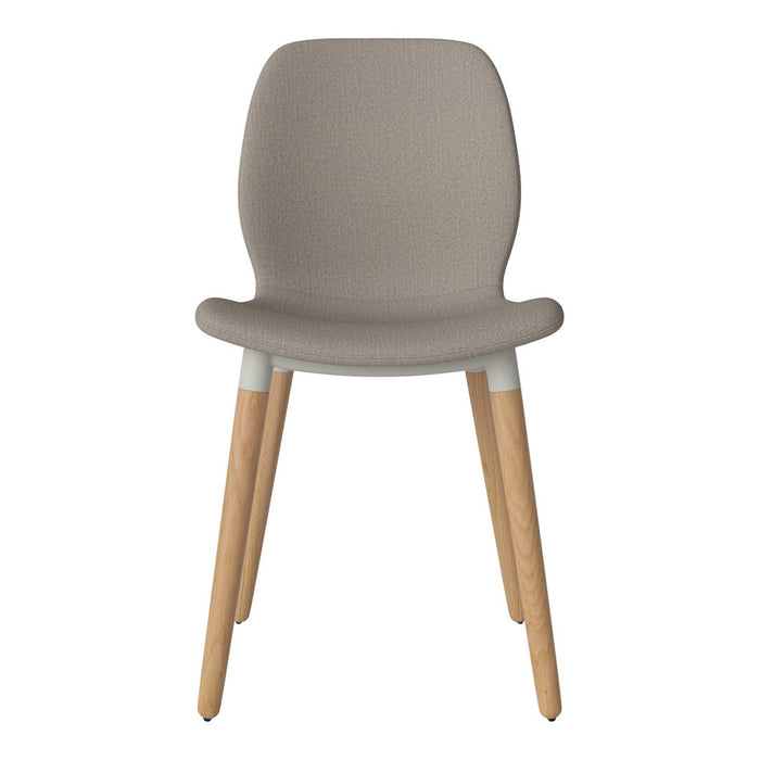 Gray upholstered chair with wooden legs, featuring a subtle textured pattern. Perfect for modern interiors.
