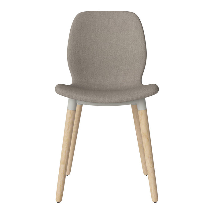 Stylish beige fabric chair with light wooden legs, featuring a smooth, modern design and subtle texture.