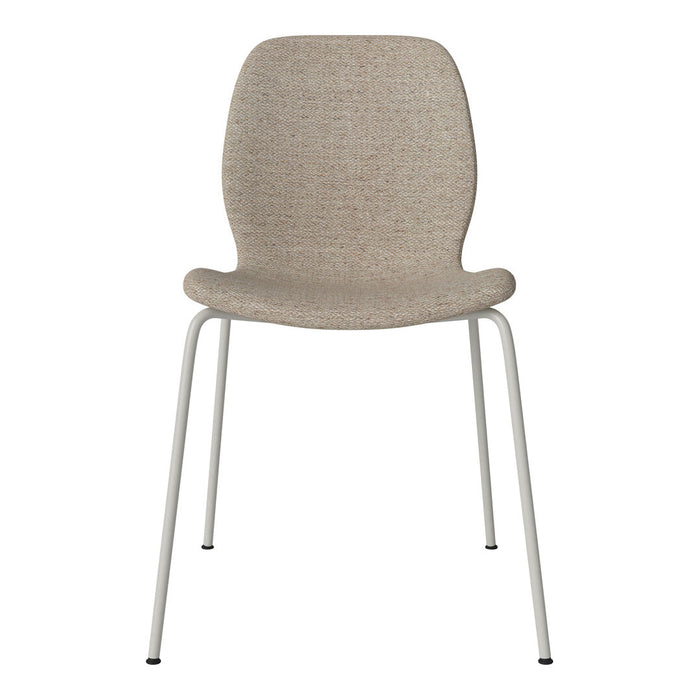 Beige textured chair with a light gray metal frame, perfect for modern decor. Stylish and versatile seating option.