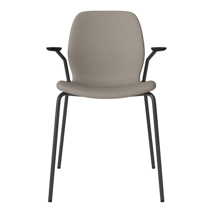 Gray upholstered chair with textured fabric and sleek black metal legs. Ideal for modern decor.