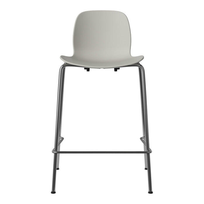 White high chair with a sleek, minimalist design and a shiny silver frame. Perfect for modern spaces.