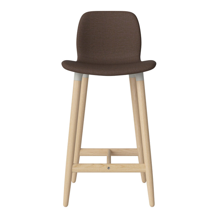 Brown textured seat with light wood legs and gray accents, perfect for modern decor.