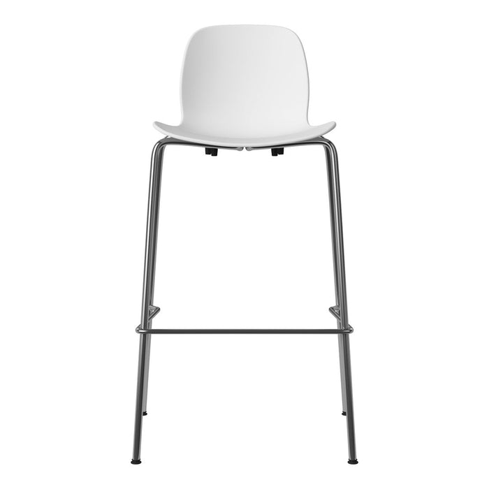 White modern high chair with a sleek chrome metal frame. Minimalist design, perfect for contemporary interiors.