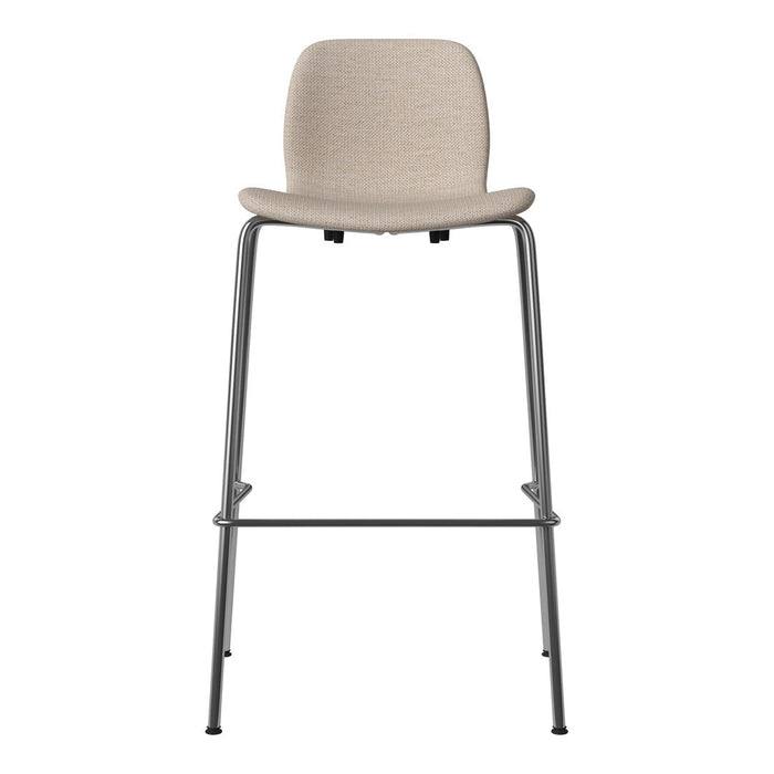 Beige upholstered bar chair with a sleek silver metal frame, featuring a textured pattern for added style.