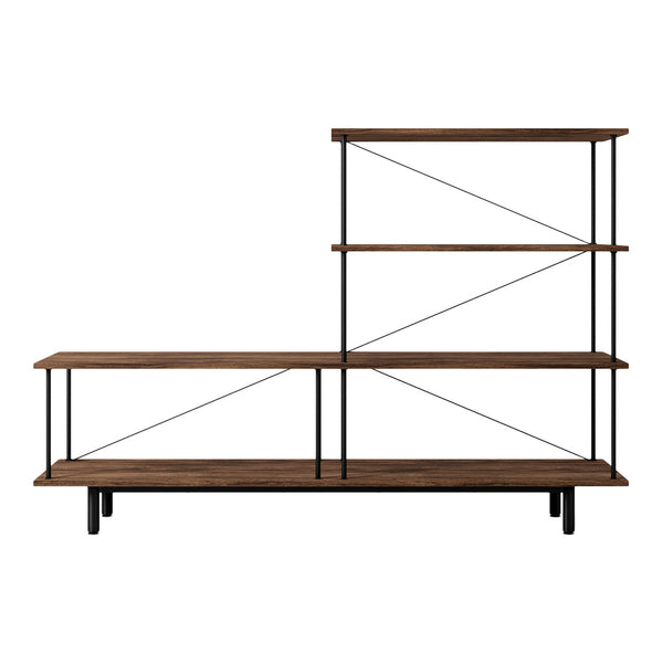 Modern wooden shelving unit in rich brown with industrial black metal accents and a minimalist design.
