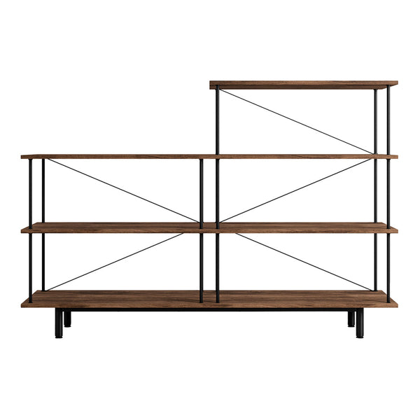 Wooden bookshelf with a rustic brown finish and black metal accents in a modern ladder design.