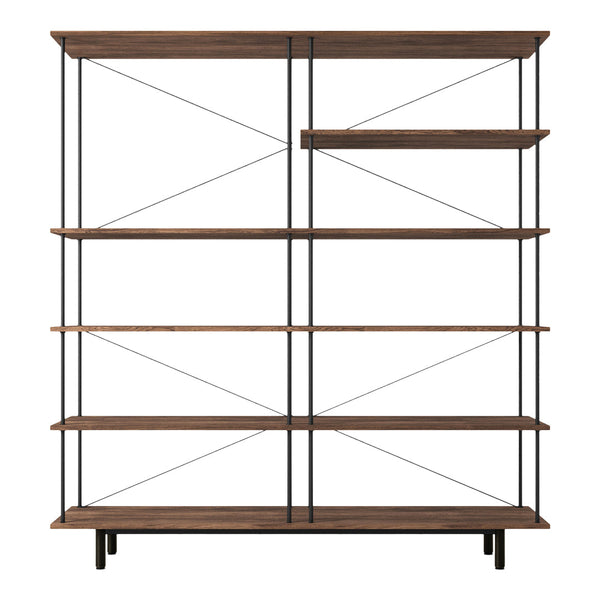 Open-shelf wood bookcase featuring a rich brown finish with black metal accents and a minimalist geometric design.