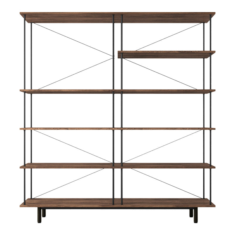 Open-shelf wood bookcase featuring a rich brown finish with black metal accents and a minimalist geometric design.