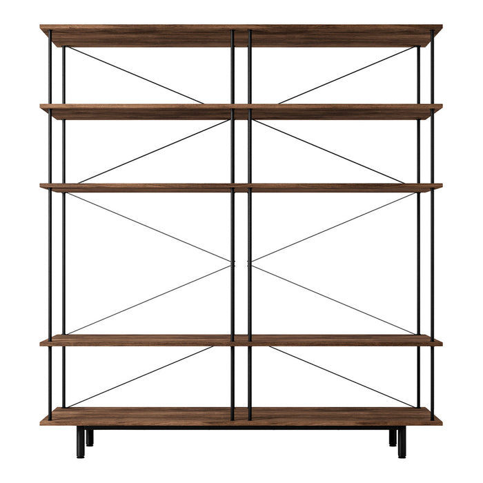 Wooden bookshelf with a rustic brown finish and black metal accents, featuring a minimalist geometric pattern.