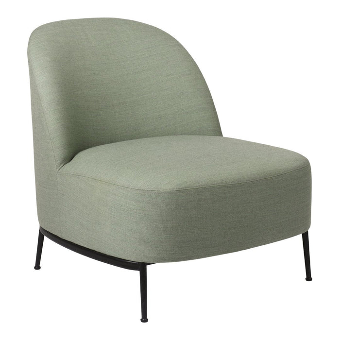 Light green upholstered chair with a smooth finish and sleek black metal legs. Modern, minimalist design.